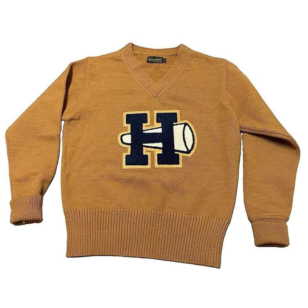 Remains Clothing Retro Ivy League Varsity Sweater Size M Gold Wool Navy H Heavy